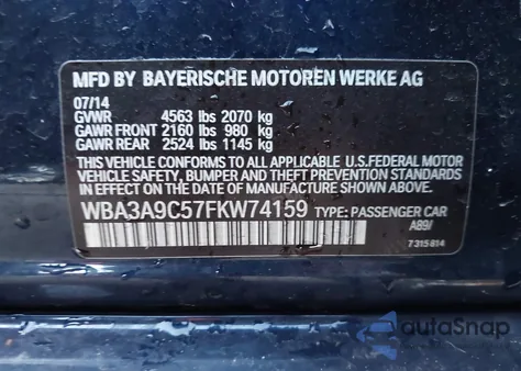 2015 BMW 335I z USA, uszkodzony, nr VIN WBA3A9C57FKW74159